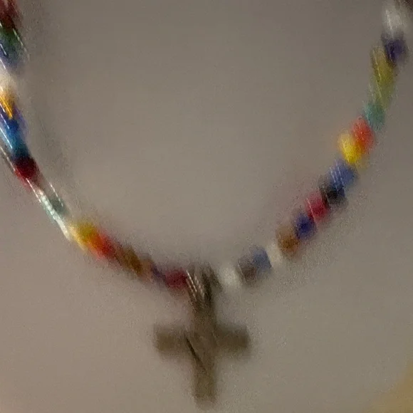 Multicolor Beaded Cross Pendant Necklace - Vibrant Bead Strand - Picture 2 of 4